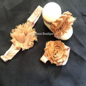 Brown Giraffe Shabby Flower Barefoot Sandal & Headband  Handmade 5SET128 NWT